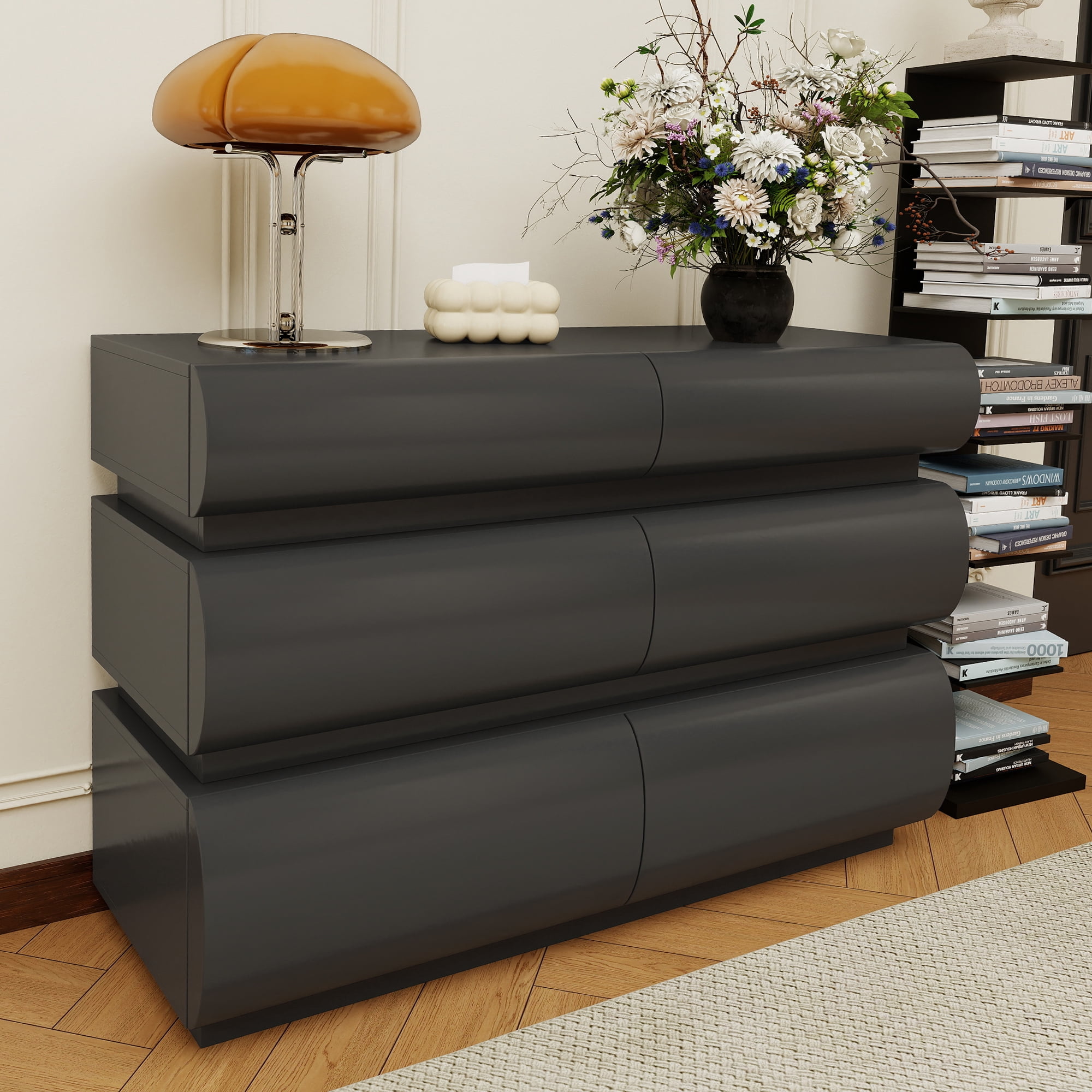 HIUU Modern dressers & chests of drawers with 6 Drawers,Dresser Cabinet Clothes Storage for Bedroom, Wooden Cabinet Dressers Drawers with Spacious Tabletop,Black