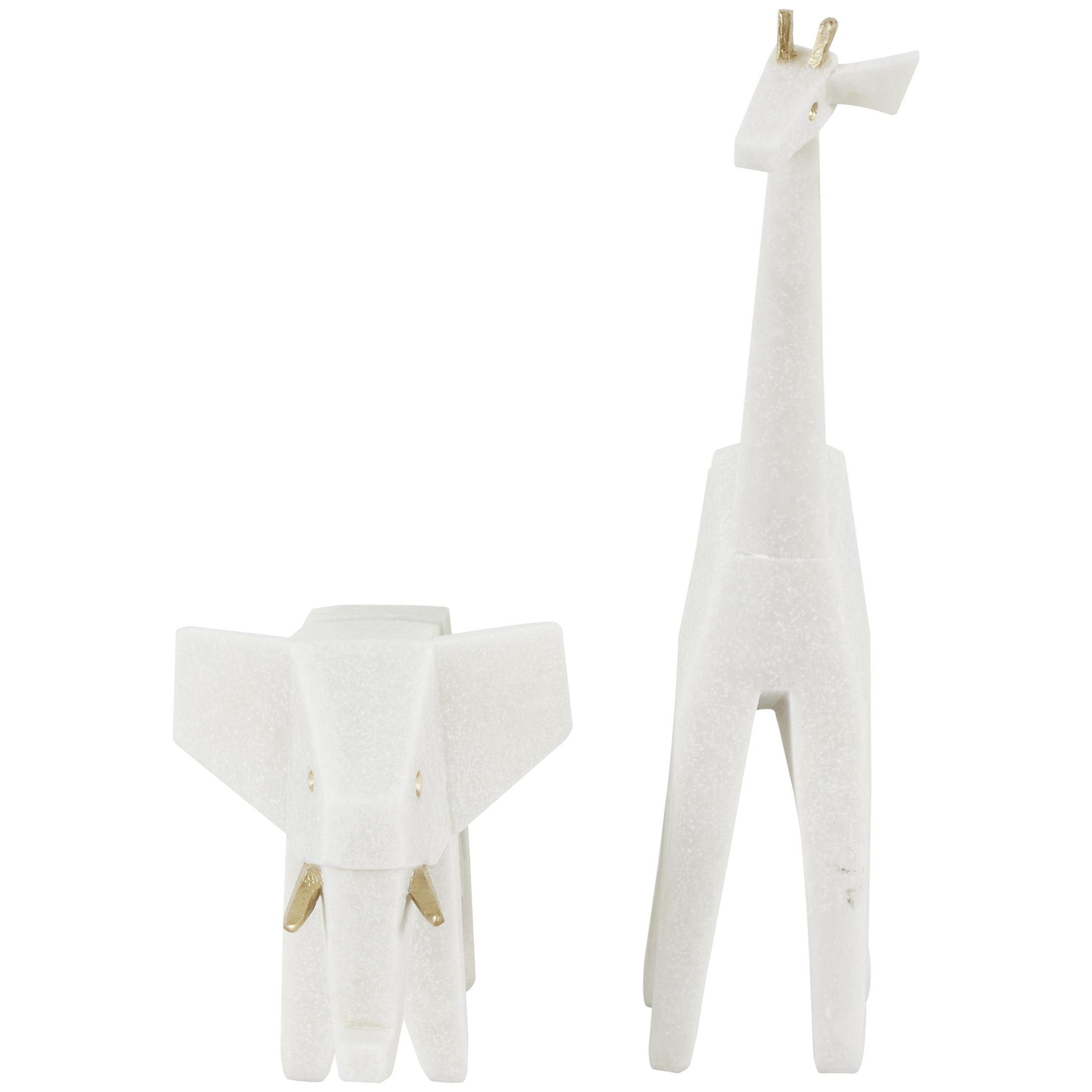 7", 16"H White Polystone Cubist Inspired Elephant, Giraffe Sculpture with Gold Accents, by DecMode (2 Count)