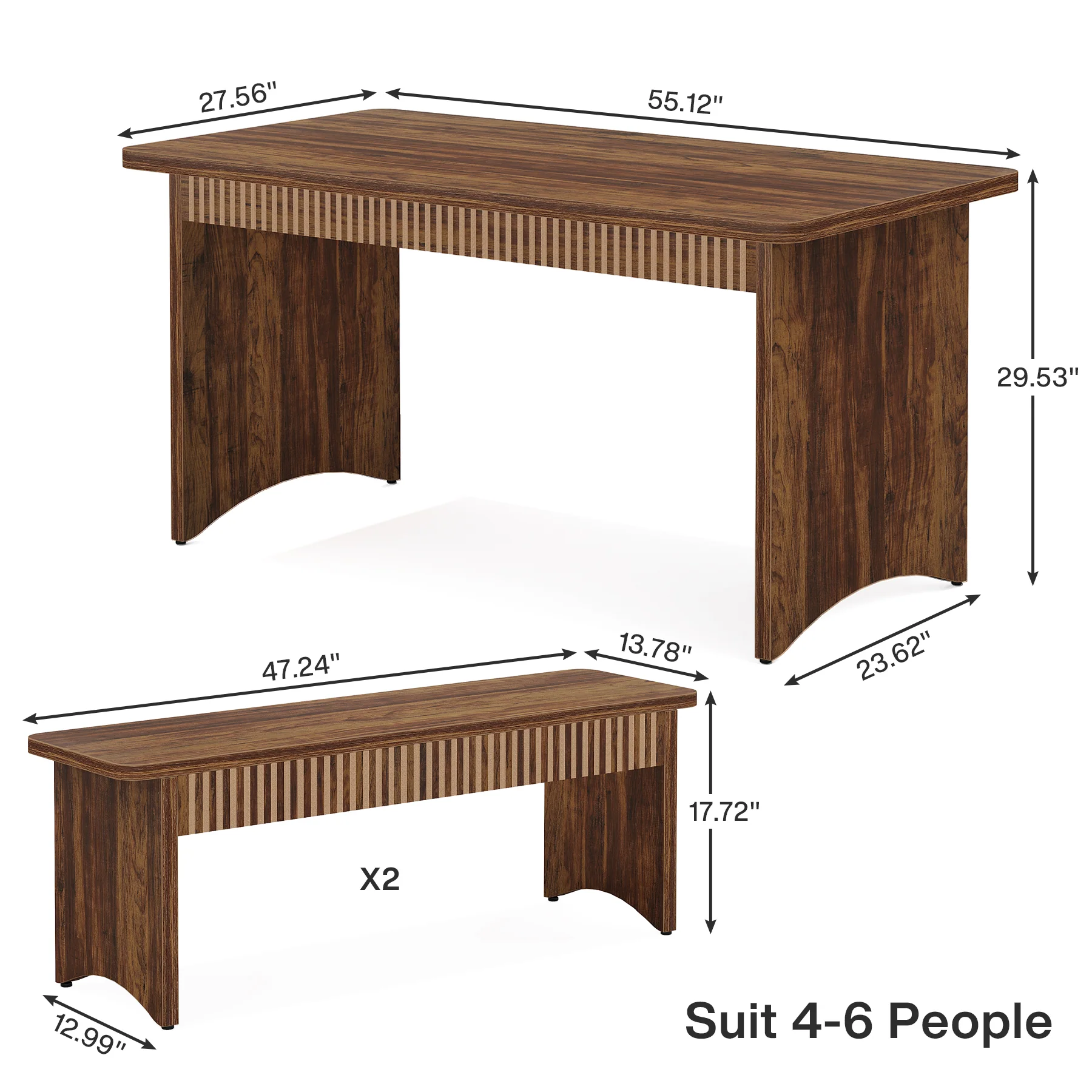 Hommoo 55 Inch Farmhouse Dining Table Set with 2 Wooden Benches, Space-Saving 3-Piece Kitchen Table for 4 to 6 People, Brown