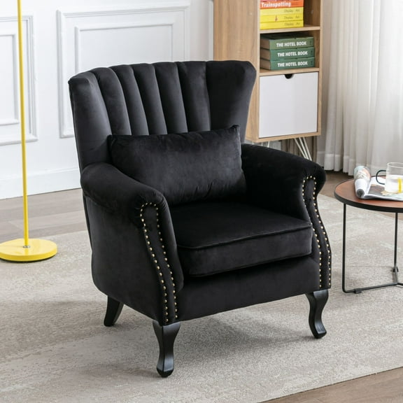 Dayalane Mid-Century Modern Accent Chair, Tufted Wingback Reading Armchair for Living Room, Bedroom, Office, Comfy Club Chair with Padded Back, Black