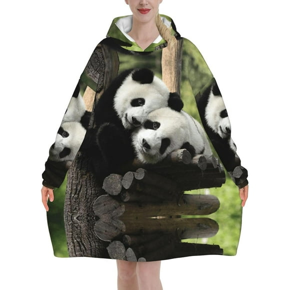 Two Big Pandas Print Blanket Hoodie Oversized Wearable Hooded Blanket Warm Throw Blanket Sweatshirt For Women Men Teens