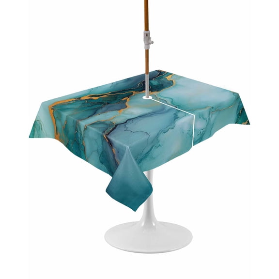 Outdoor Table Cloth with Umbrella Hole and Zipper, Teal Marble Waterproof Rectangle Tablecloth 54"x80", Modern Abstract Art Luxury Yellow Washable Table Cover for Outside Party Patio Picnic