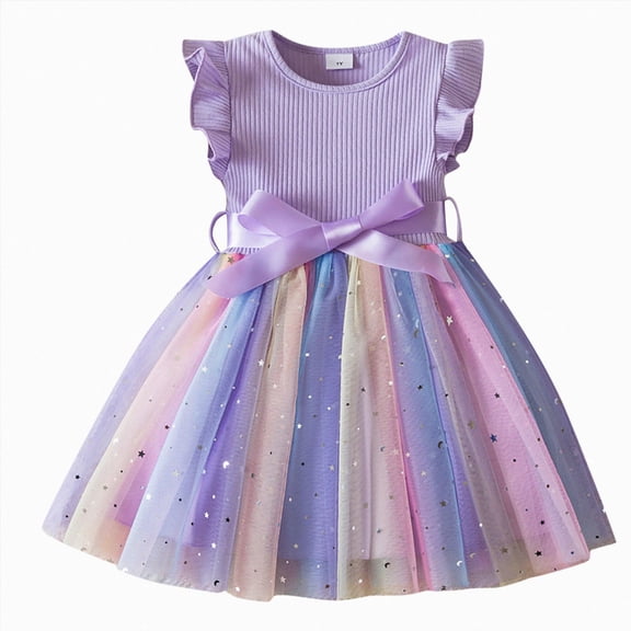 Splozh Dresses for Kids 1T 2T 3T 4T 5T Children's Dress with Flying Sleeves Girls' Dress Rainbow Princess Dress,Purple,4-5 Years