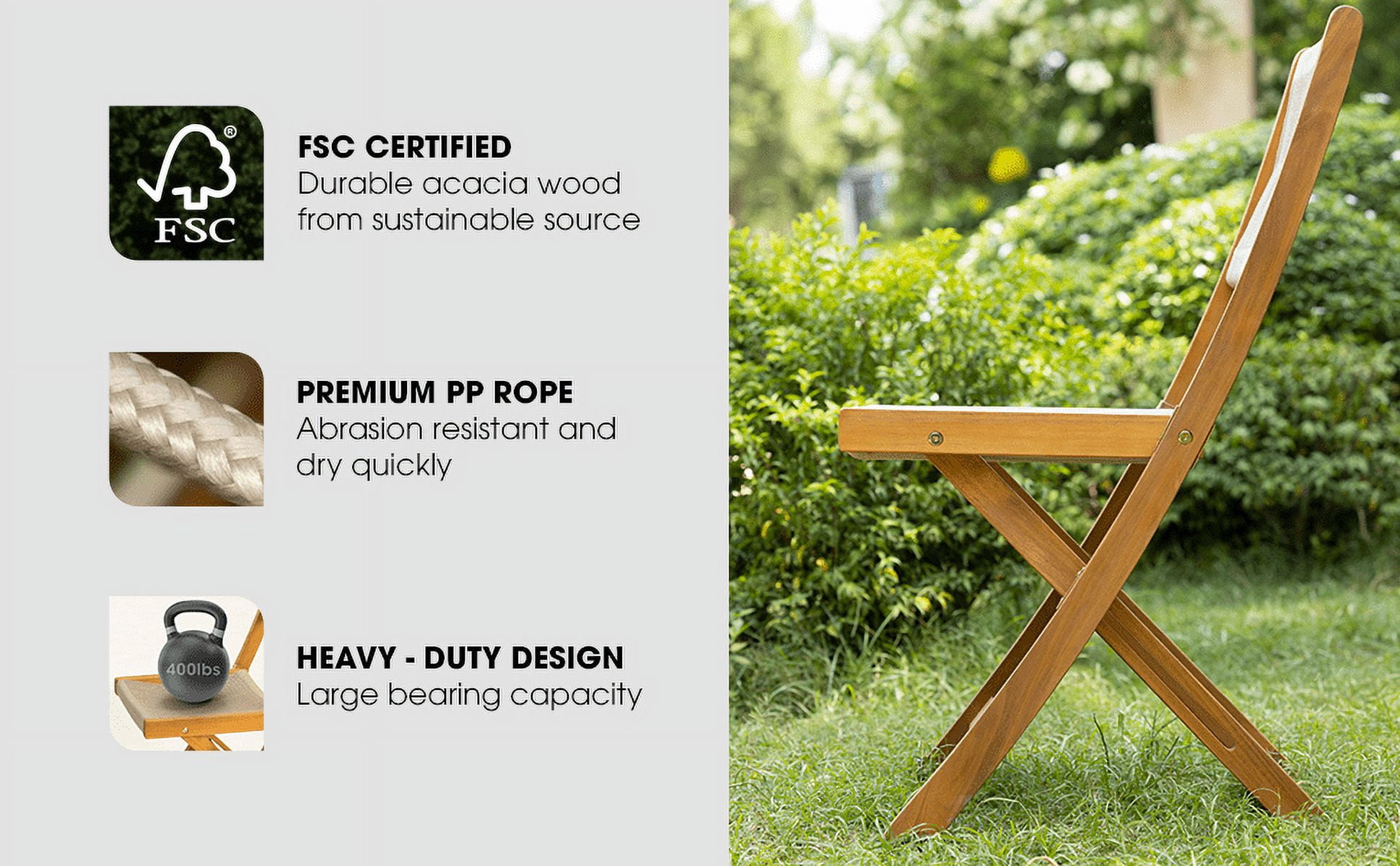 Patio Bistro Folding Sets, 1 Square Table with 2 Cushion Chairs, FSC Acacia Wood, Morning Sand