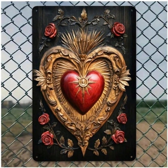 HELLOYOUNG Sacred Heart Metal Sign 8x12 Inch Vintage Catholic Religious Wall Art with Roses, Home Altar Decor for Kitchen Bedroom Church Gift