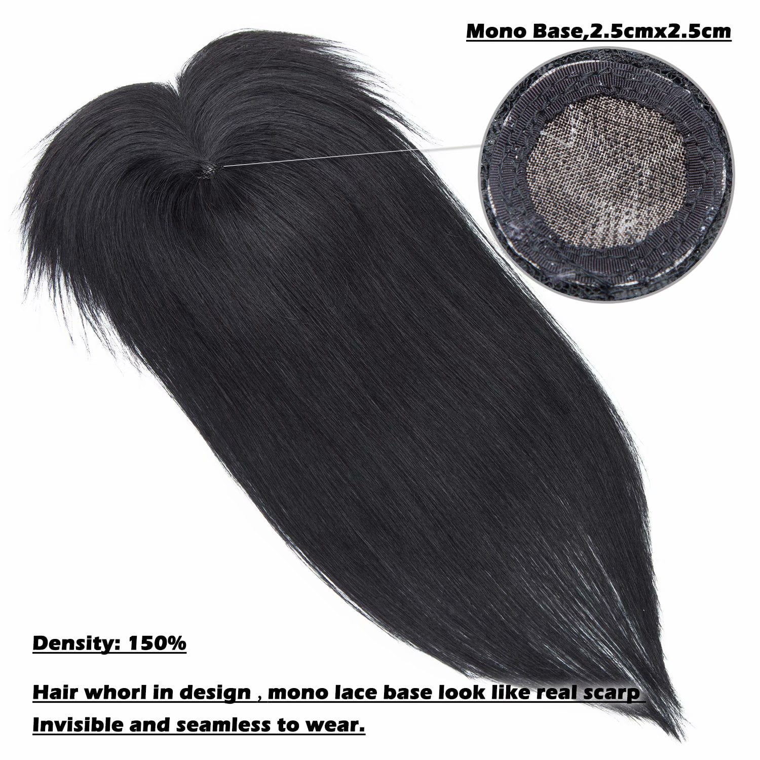 Benehair 100% Remy Human Hair Extensions Clip In Women's Topper Toupee Hairpiece With Bang Mono Base Wiglet Hair Loss Black US