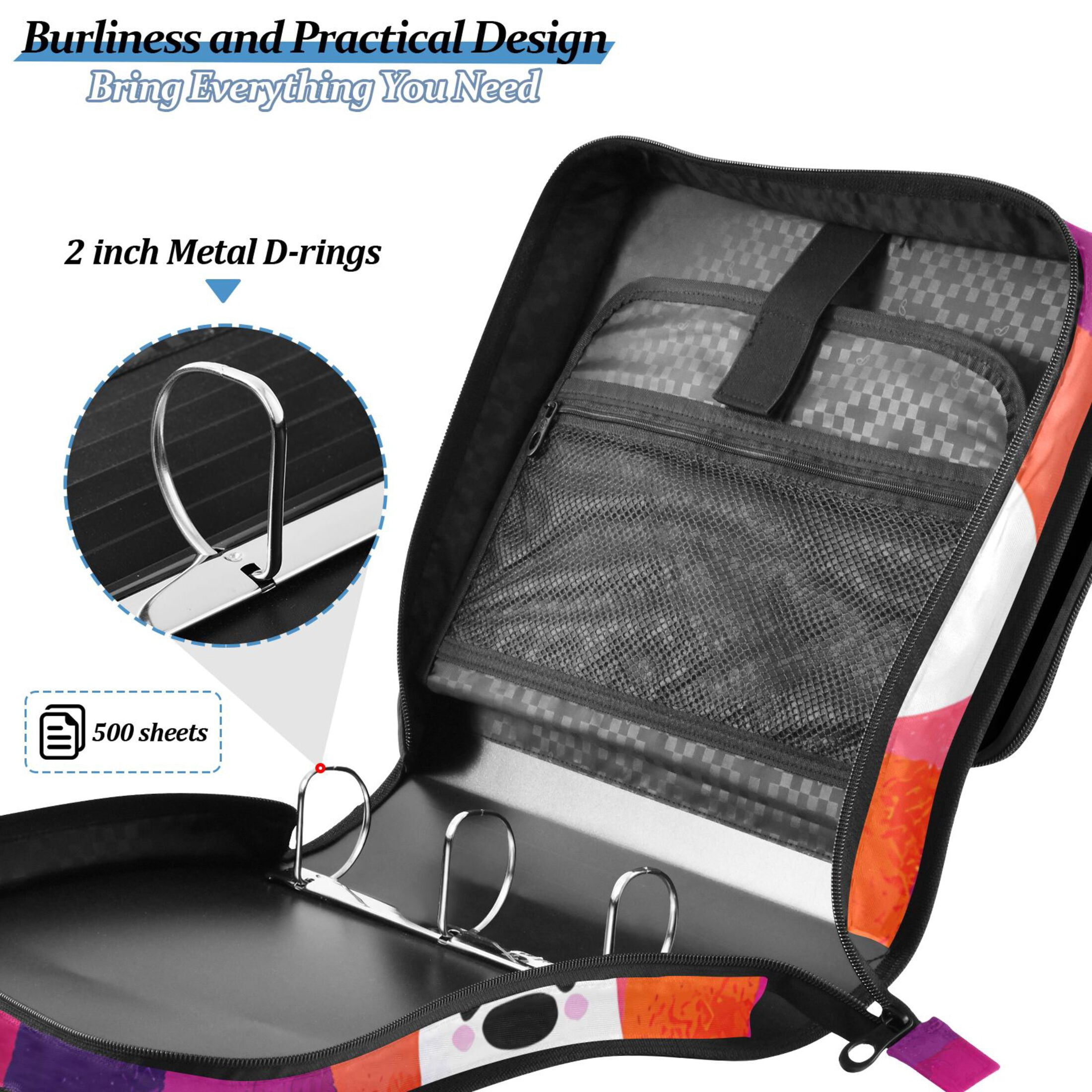 3 Ring Zipper Binder with Shoulder Strap Waterproof Trapper Keeper 2 Inch D-Ring 500 Sheets Capacity Cute Ghost on Checkered