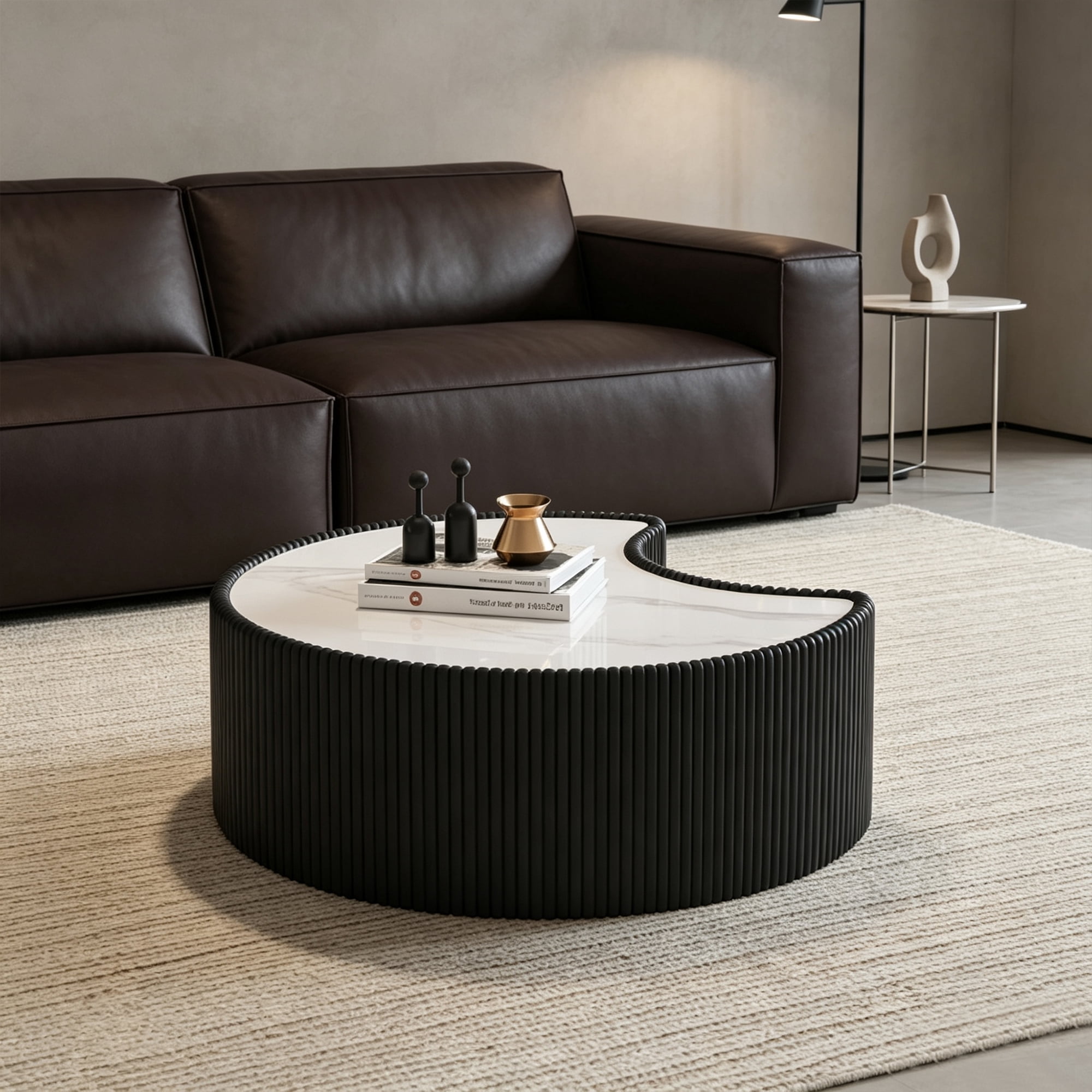 Sintered Stone Coffee Table 29.53 Inch, Irregular Shape Leather Top for Living Room Office, Black