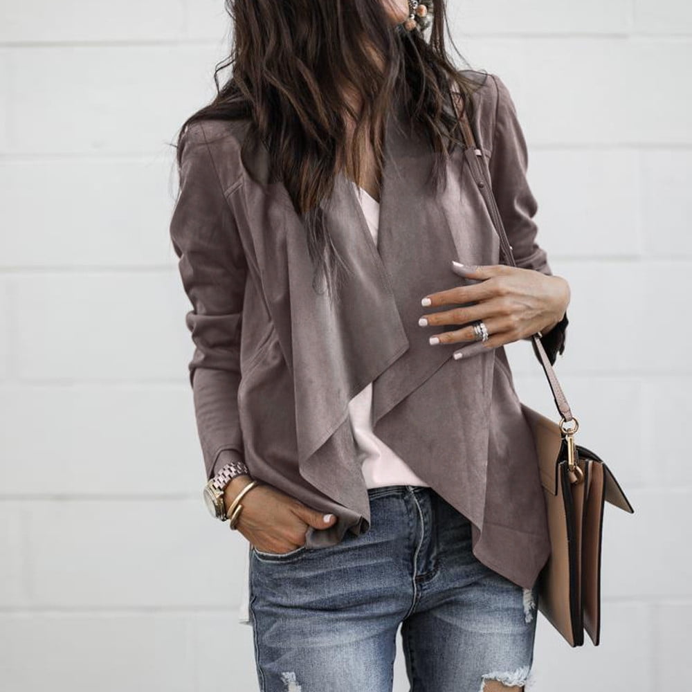 Women Long Sleeve Leather Open Front Short Cardigan Suit Jacket Work Formal Coat
