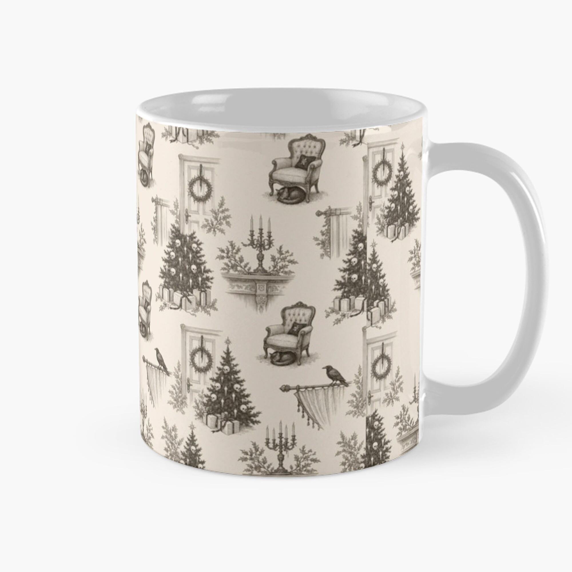 Victorian Christmas Interior 11oz Ceramic Mug Charcoal and Cream Trees Wreaths and Armchairs