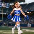 thumbnail image 5 of IROOZIGOTO Girls Cheerleader Costume Set Blue White Sleeveless Cropped Top Pleated Skirt with Pom Poms Socks for Halloween Cosplay Themed Party, 5 of 9