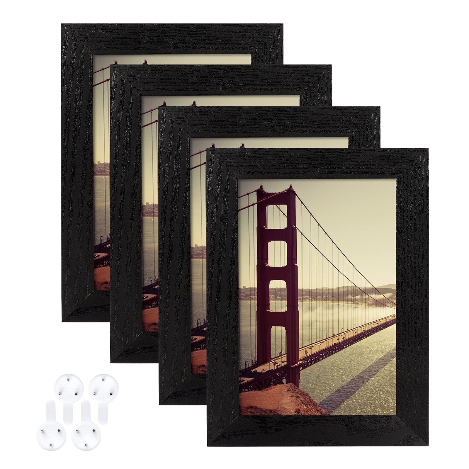 4x6 Picture Frame Black Wood Pattern Set of 4 with Tempered Glass