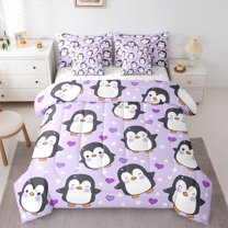 Manfei Cute Penguin Print Bedding Comforter Set 7 Pieces, Kawaii Cartoon Love Heart Full Bedding Set, Teen Boy Girl Kid Fitted Sheet Flat Sheet, Ultra Soft Home Decor