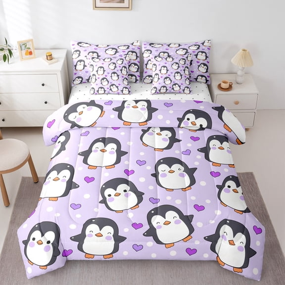 Manfei Cute Penguin Print Bedding Comforter Set 7-Piece, Kawaii Cartoon Love Heart King Bedding Sets, Teen Boy Girl Kid Bed Sheets, Ultra Soft Home Decor