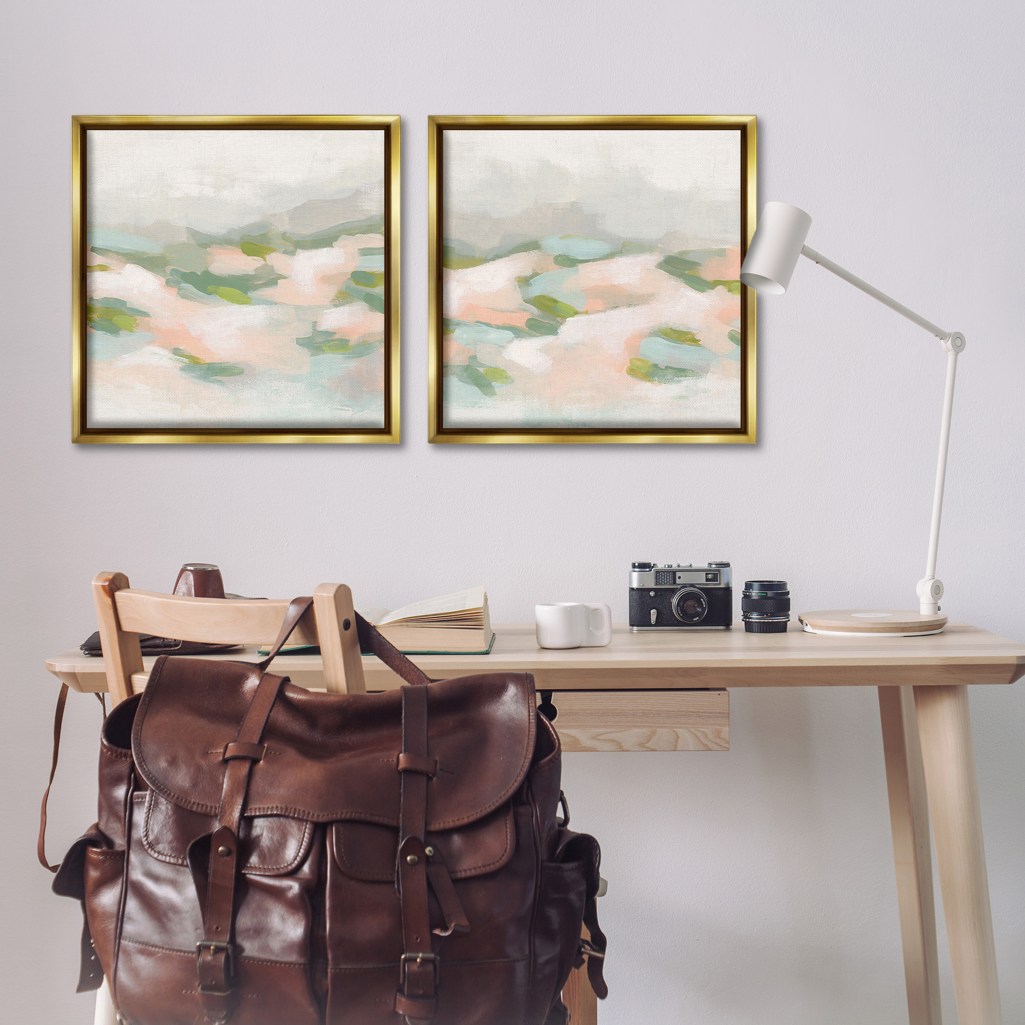 Stupell Industries Pastel Hills Abstraction Landscape Painting Gold Floater Framed Canvas Art Print Wall Art, 25 x 25, Set of 2