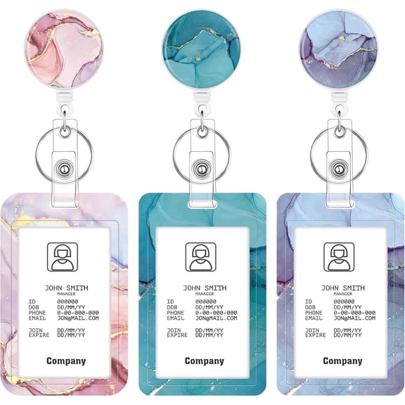 Januofit 3 Set Heavy Duty Badge Holder with Retractable Reel, Marble Retractable ID Badge Holders with Clip Name Key Card Holder Case for Teacher Nurse Doctor Student Office Gift for Coworkers
