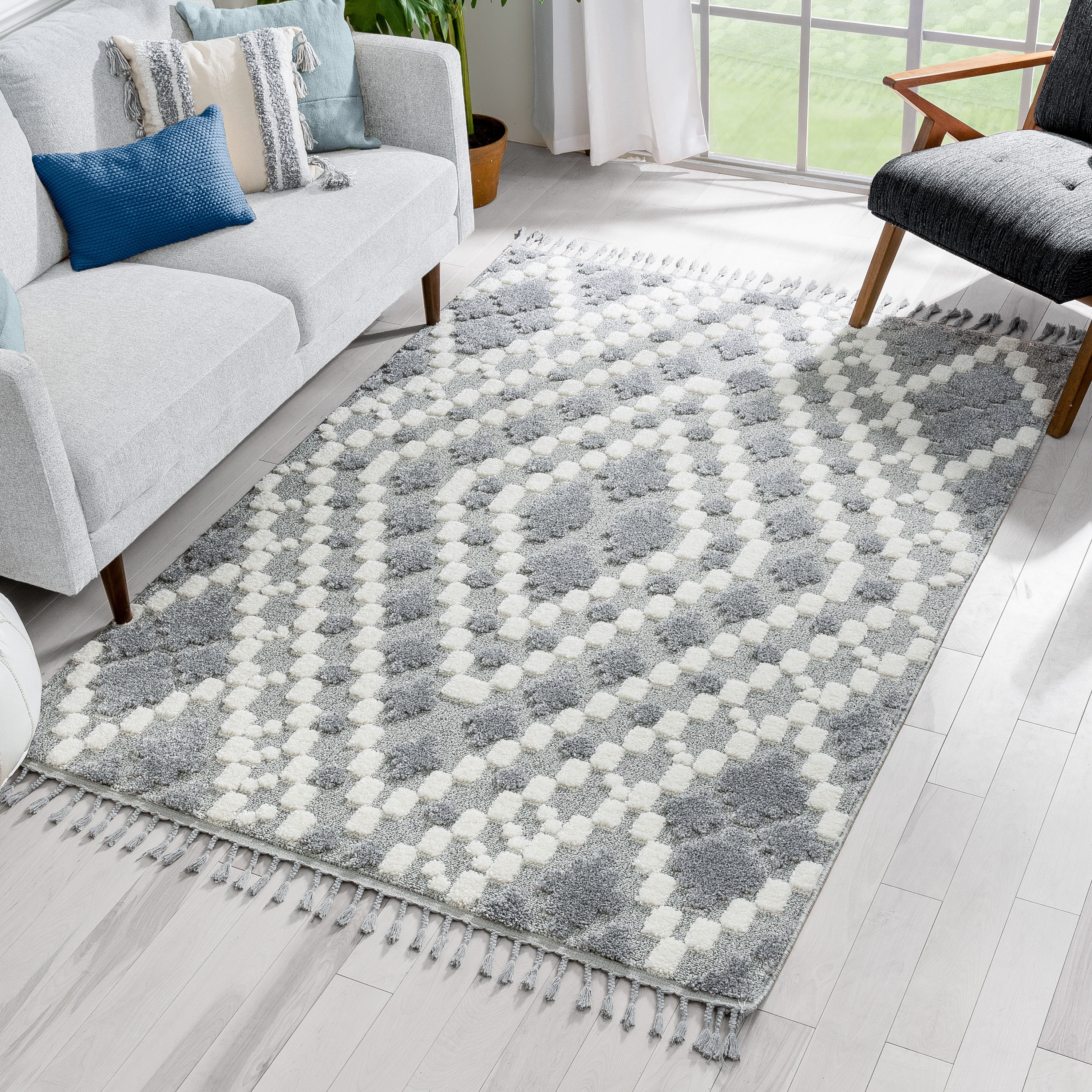Well Woven Salem Melanie Contemporary Medallion Diamond Pattern Grey Cream High-Low Textured 7'10" x 9'10" Area Rug