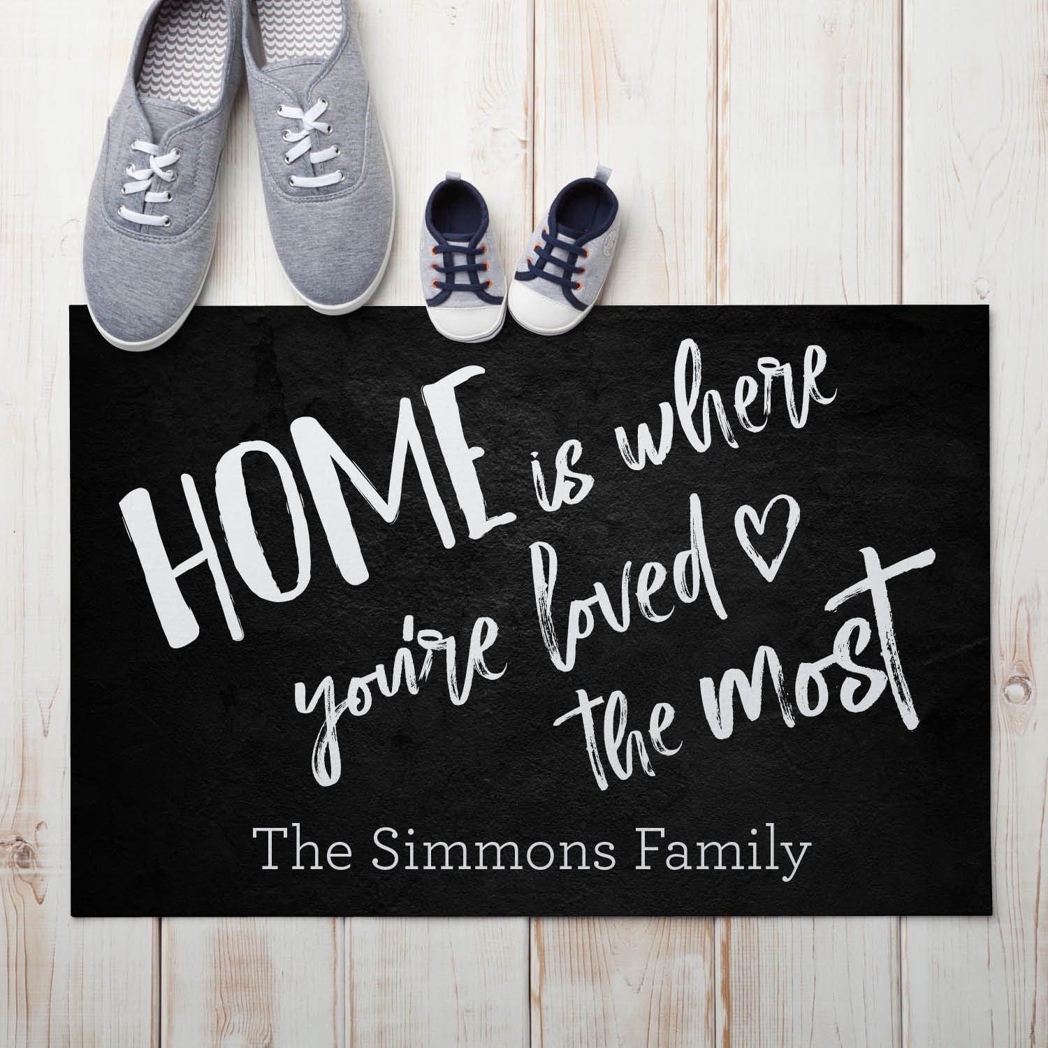 Personalized Planet 27x18 Home is Where You're Loved the Most Doormat with Custom Family Name Printed on Black Rectangular 1/8” Thick Non Slip Mat for Kitchen Hallway Deck or Porch
