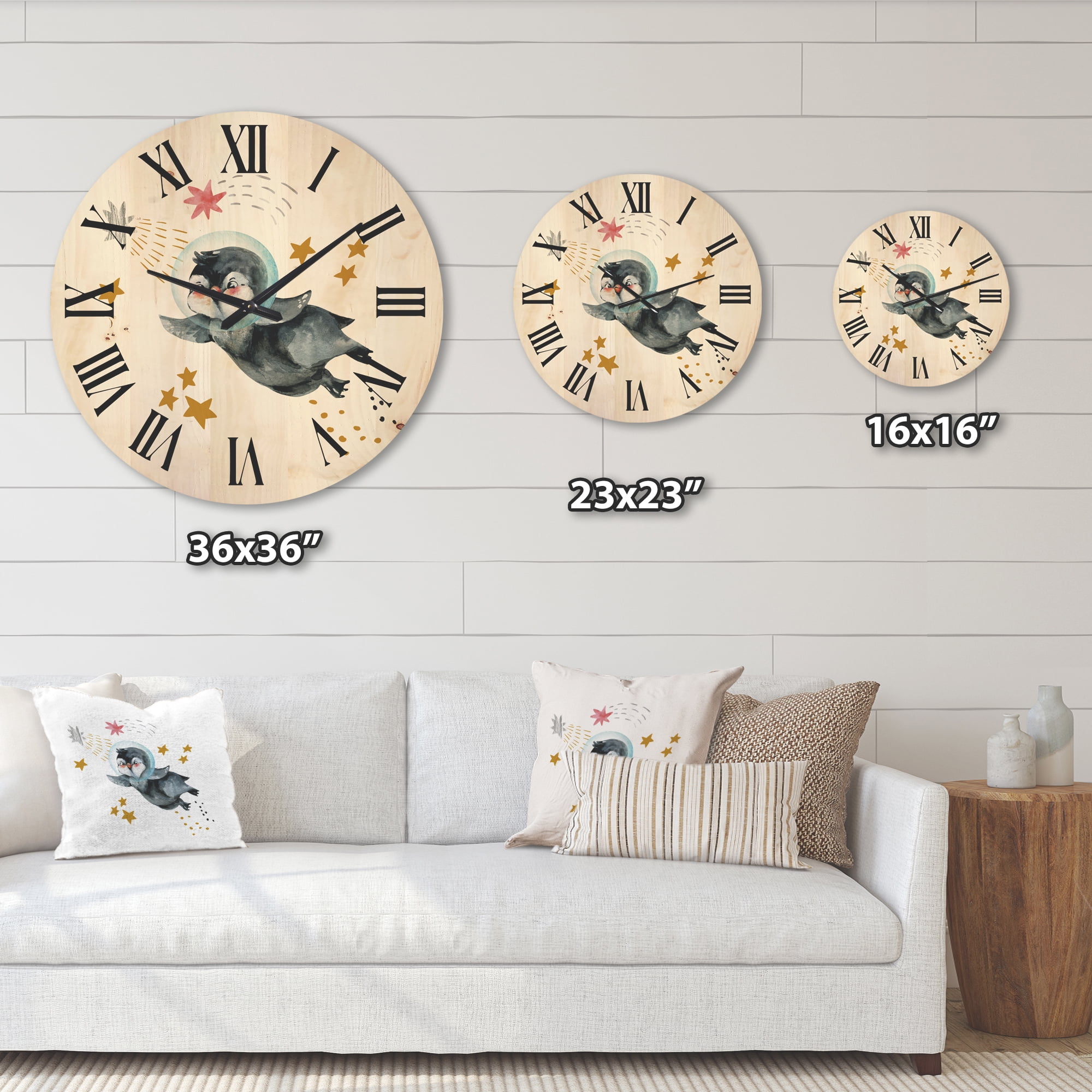 Designart 'Little Penguin Flying Planets and Stars I' Farmhouse Wood Wall Clock