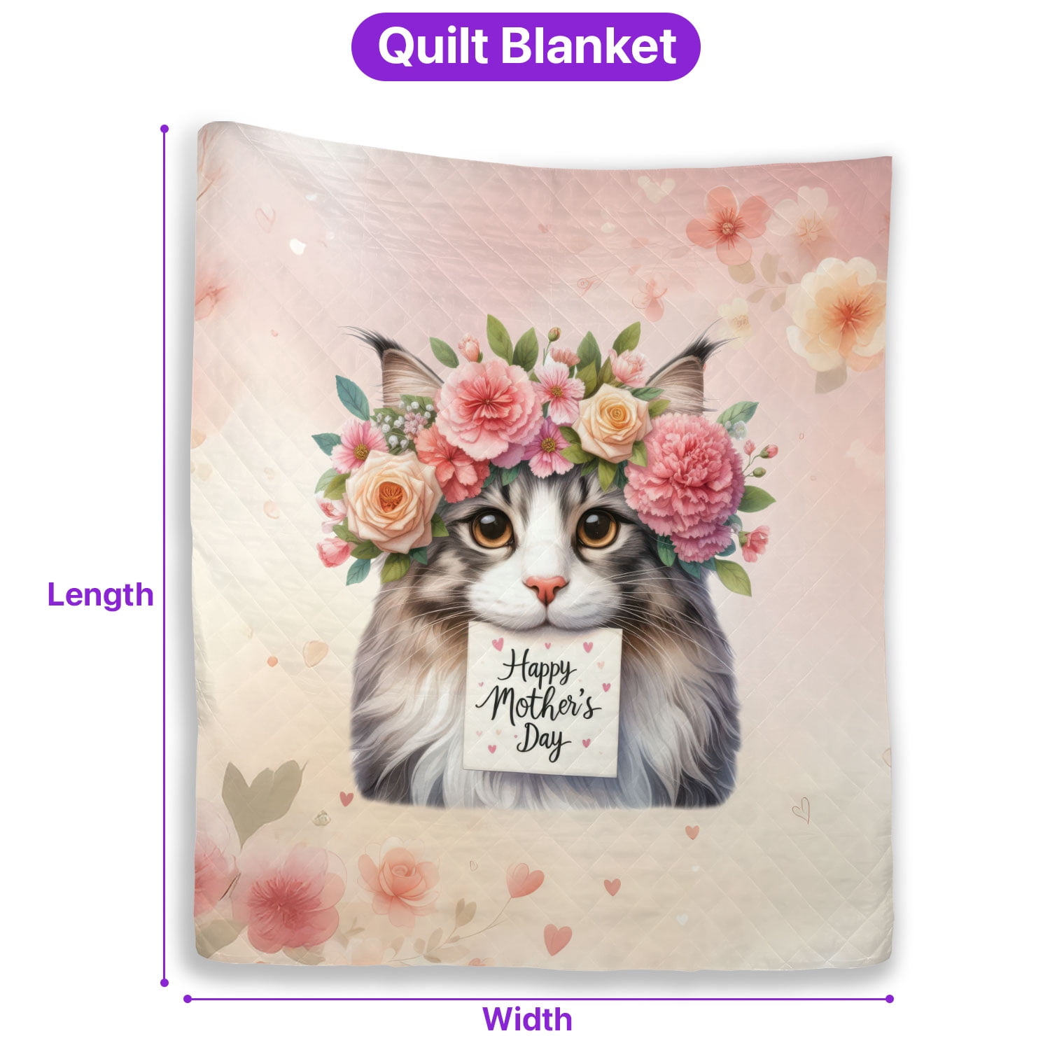 Happy Mother's Day Maine Coon with Flower Crown and Greeting Card Quilt Blanket Cat Lover Kitten Owner Gifts Cozy Comforter Throw Blanket - 13004