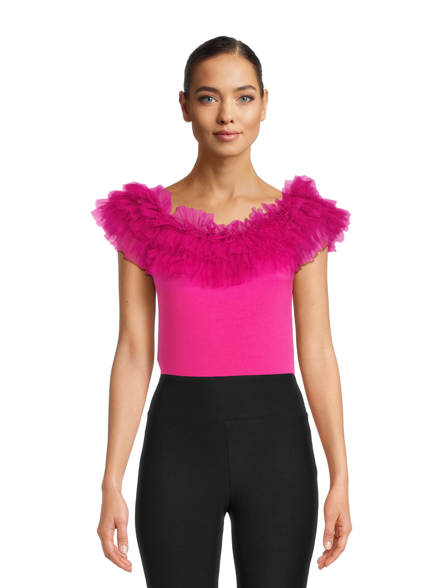 Love by Design Women's Juniors Tulle Ruffle Neck Bodysuit