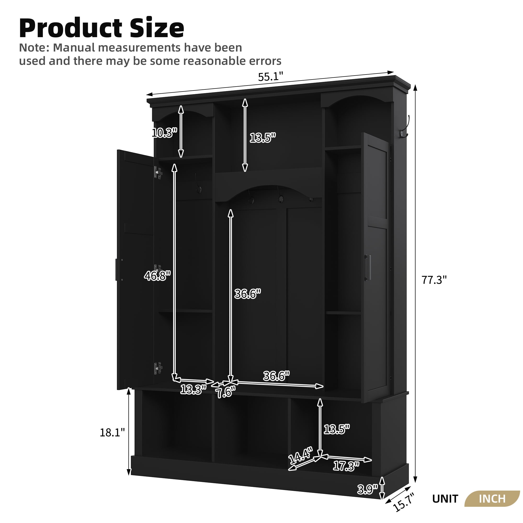 T-Foyer Farmhouse Black Hall Tree with 7 Hooks & 2 Cabinets, Wooden Rustic Entryway Organizer with Open Storage & Adjustable Shelves