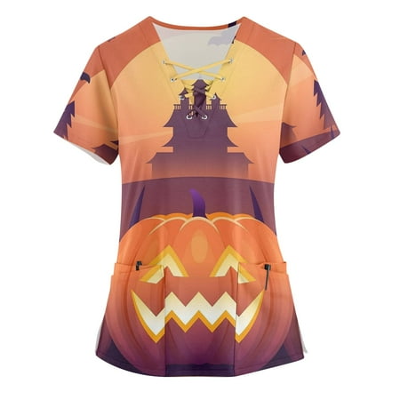 

PURJKPU Halloween Scrub Tops Women Pumpkin Face Print Tops Medical Short Sleeve Nurse Uniforms Criss Cross V Neck Nurse Workwear with 2 Big Pockets Yellow 3XL