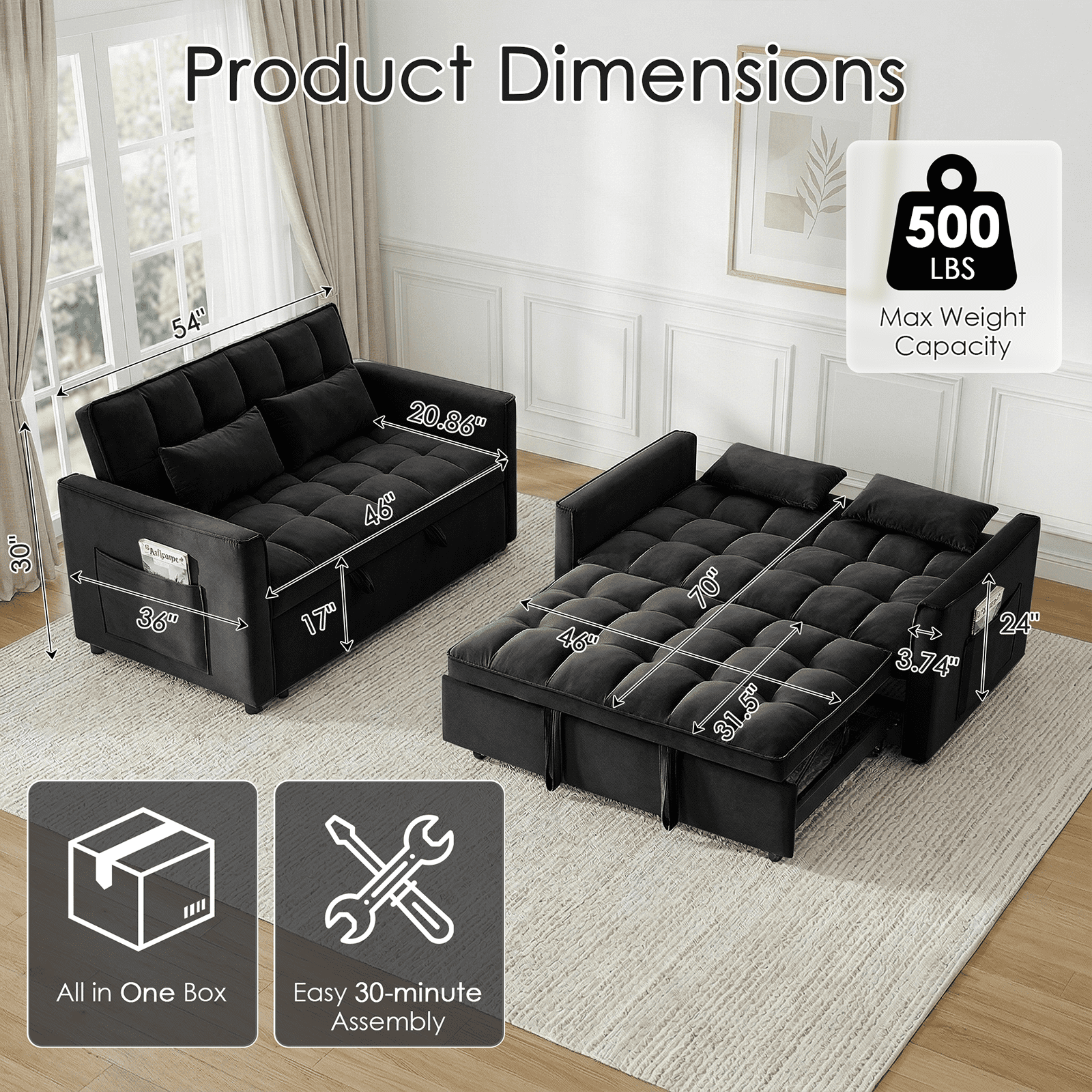 Amuille 3 in 1 Convertible Sleeper Sofa Bed, 54" Velvet Fabric Loveseat, Pull Out Couch for Living Room and Apartment (Black)