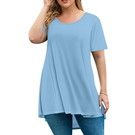 Corset Tops For Women  Plus Size Round Neck Short Sleeve Casual Solid Color Loose Fit Pullover Top Women Orders Western Shoulder Tops Tank Low Cut Tops Flannel Shirt Tops (4XL  Sky Blue) ZMTing