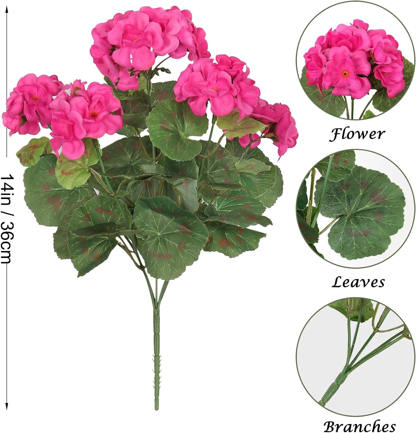 3 Pcs 14'' Artificial Geranium Silk Flower Outdoor UV Resistant Garden Plants Bush Faux Flowers for Home Wedding Kitchen Table Centerpieces Decor (Rose Red)