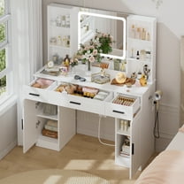 Hommpa Vanity Set with Mirror and Lights, White Vanity Glass Top Makeup Vanity Desk with Charging Station 3 Drawers 2 Cabinets, Vanity Table for Girls Women Dressing Table