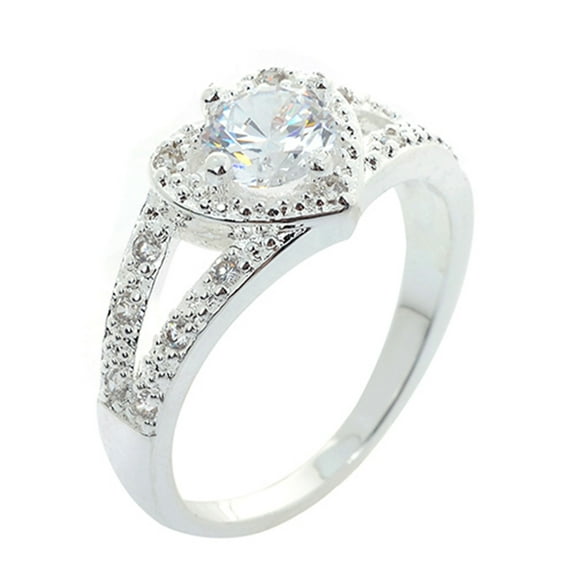 Happy Date Women 925 Sterling Silver Crystal Love Heart Shaped Ring Bridal Wedding Jewelry