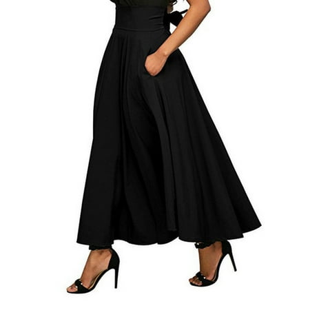 Women High Waist Flared Pleated Long Dress Gypsy Maxi Skirt +Pockets 4 Sizes Black Size