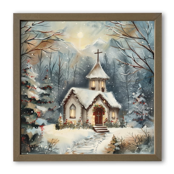 Creative Products Snowy Holiday Church 16 x 16 Brown Framed Print