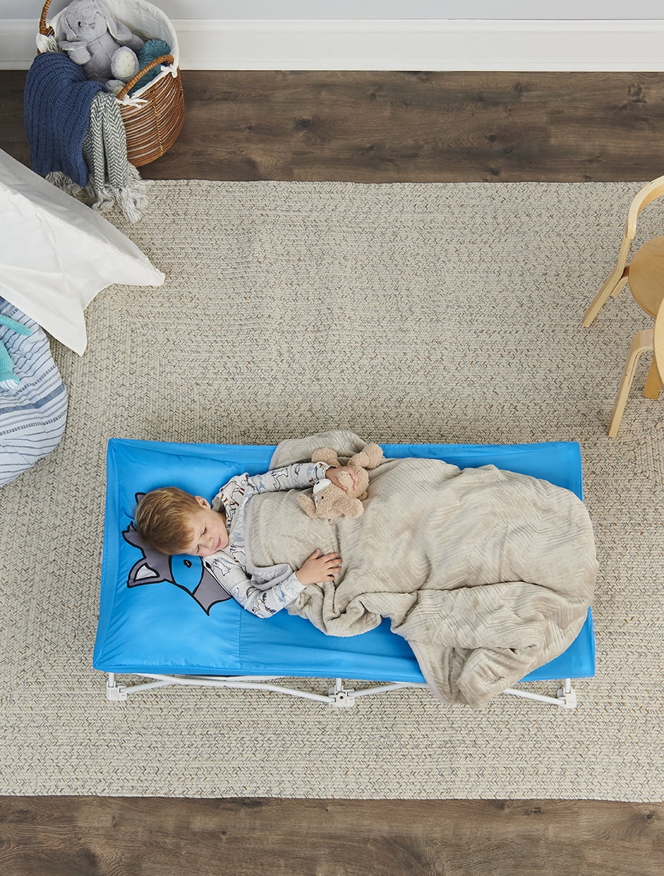 Regalo My Cot Portable Raccoon Toddler Bed with Blue Sheet Set