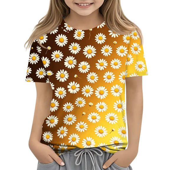 Abcomgle Girls Shirts Crewneck Daisy Flower Print Toddler T-Shirt Short Sleeve Tshirts Toddler Summer Fashion Cotton Toddler Tops Girls