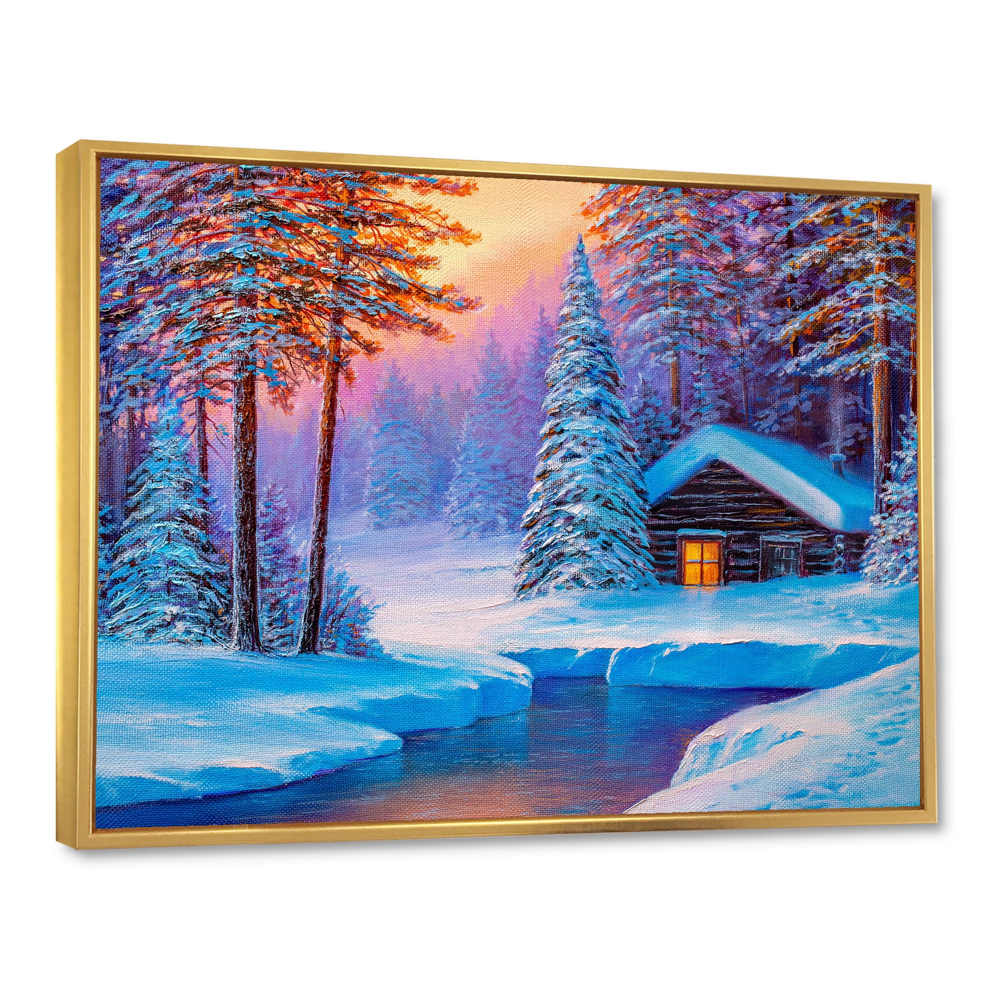 Designart 'Old Cabin In Winter Forest In Evening Glow I' Traditional Framed Canvas Wall Art Print