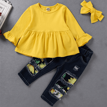 

Seyurigaoka Lovely Kid´s Suit Long Sleeve Round Neck Trumpet Sleeve Elastic Head Cut-out Long Jeans with Bowknot Hairband for Autumn