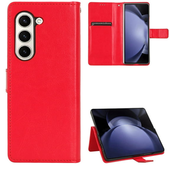 Feishell for Samsung Galaxy Z Fold 6 Case with S Pen Holder,for Women Men,Shockproof Premium PU Leather Magnetic Clasp Folio Flip Kickstand Credit Card Slot Phone Case with Wrist Strap,Red