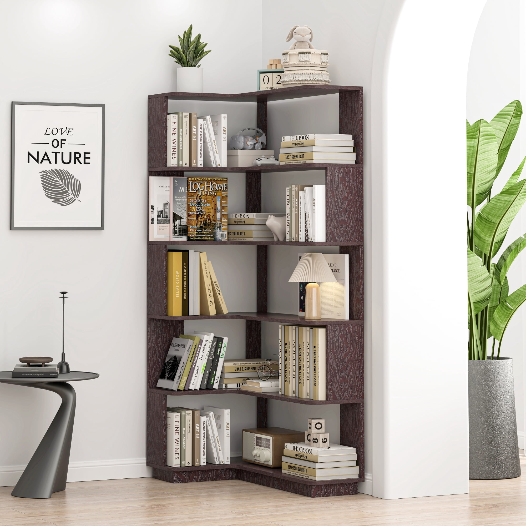 Leumius 5 Tier Freestanding L-Shaped Corner Bookshelf,Wooden Bookcase with Anti-drop Panel and Anti Tipping Device, Display shelf Open Storage,Ox Blood Red