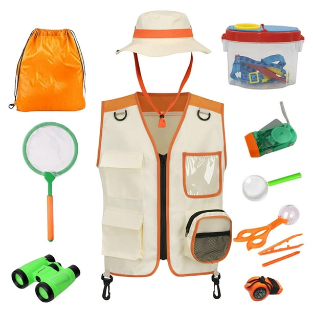 12x Outdoor Adventure Butterfly Catcher Toys, Cargo Vest and Hat Backyard  Costume with Magnifying Butterfly Catcher, Costume for 3-12 Years Old  Orange 