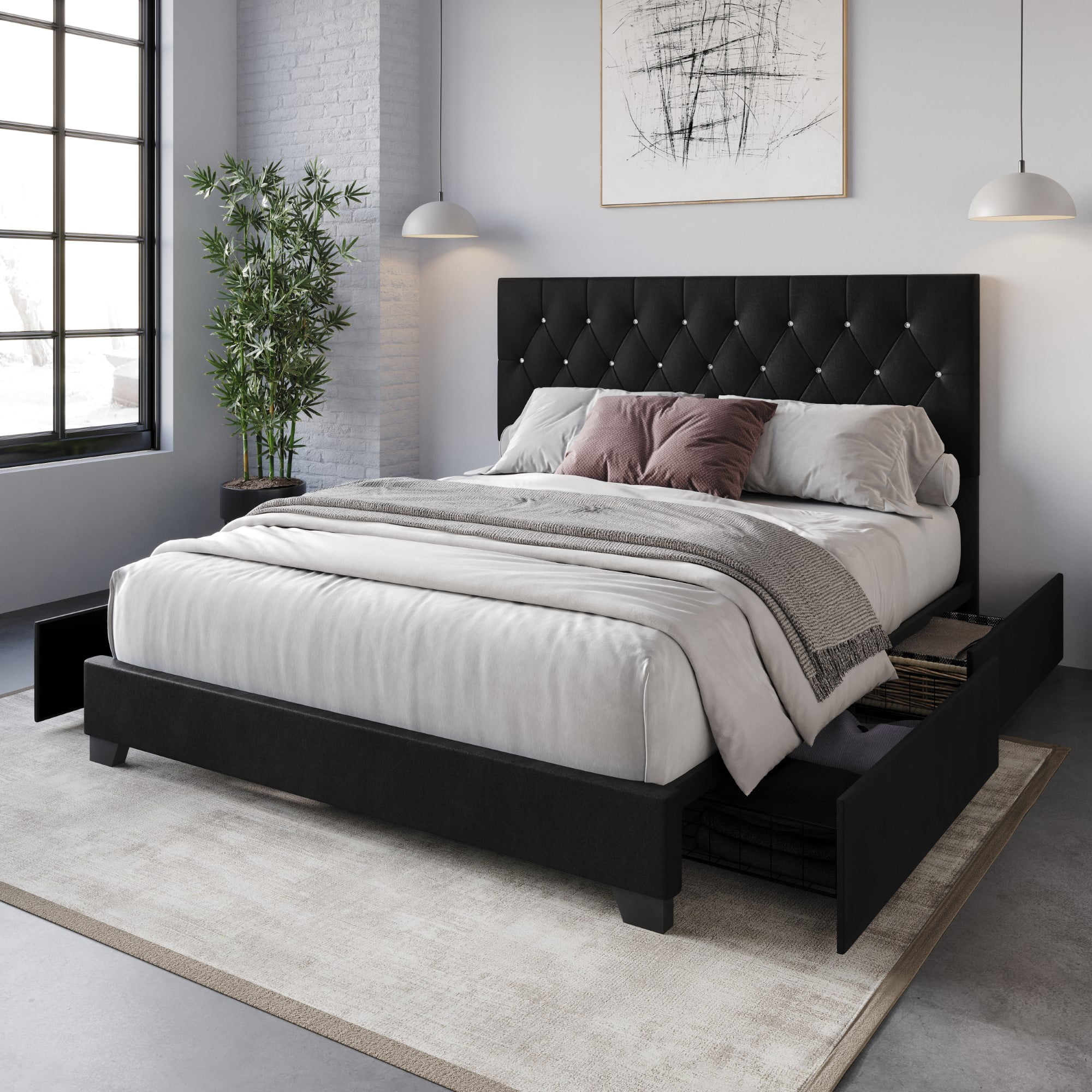 Home Design Sheffield King Tufted Upholstered Storage Platform Bed Frame with Diamond Button-Tufted Headboard and Four Under-Drawers, Black, Easy Assembly