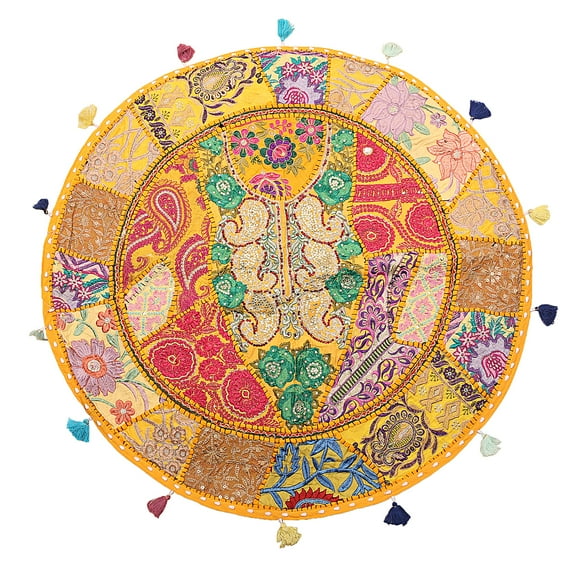 Stylo Culture Ethnic Indian Floor Cushion Cover Vintage Patchwork Meditation Pillow Case Mango Yellow 32x32 Large Decorative Round Decor Seating Tuffet Seat Pouf Cover Cotton Embroidered 1 Pc