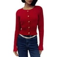 thumbnail image 2 of Women Elegant Round Neck Long Sleeve Button Down Cropped Knitted Cardigan Fall Slim Fit Sweaters Tops Red L, 2 of 10