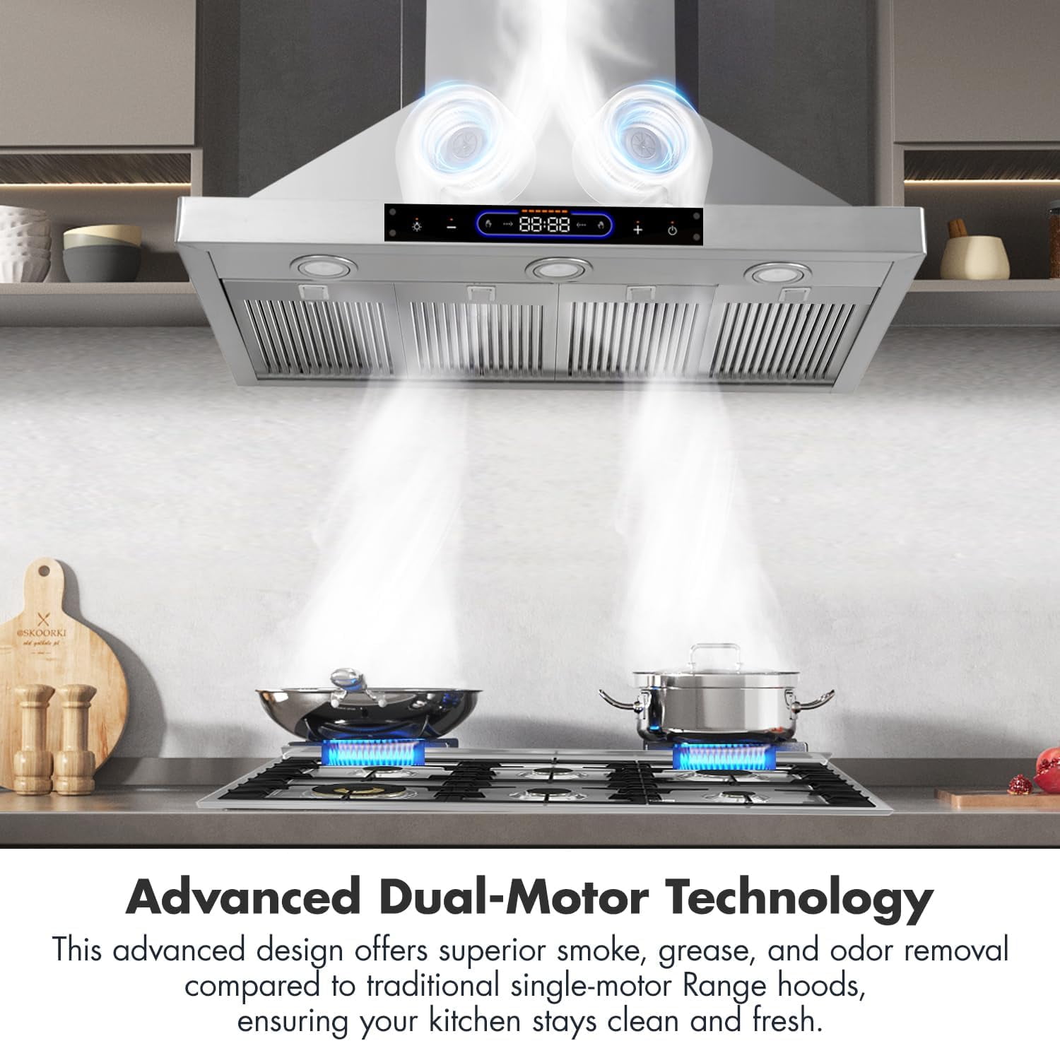 48 inch Wall Mount Range Hood Convertible Vent Dual Motors with Permanent Baffle Filters 1500 CFM Stainless Steel for Kitchen Gesture Sensing & Touch Control, 4 Speed Exhaust Fan, ETL Listed