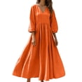 thumbnail image 2 of Women's Linen Elegant V-Neck Midi Dress High Waist A-Line Pleated Swing Dress 3/4 Puff Sleeve Solid Cotton Texture Flattering Gown For Wedding Guest Cocktail, 2 of 7