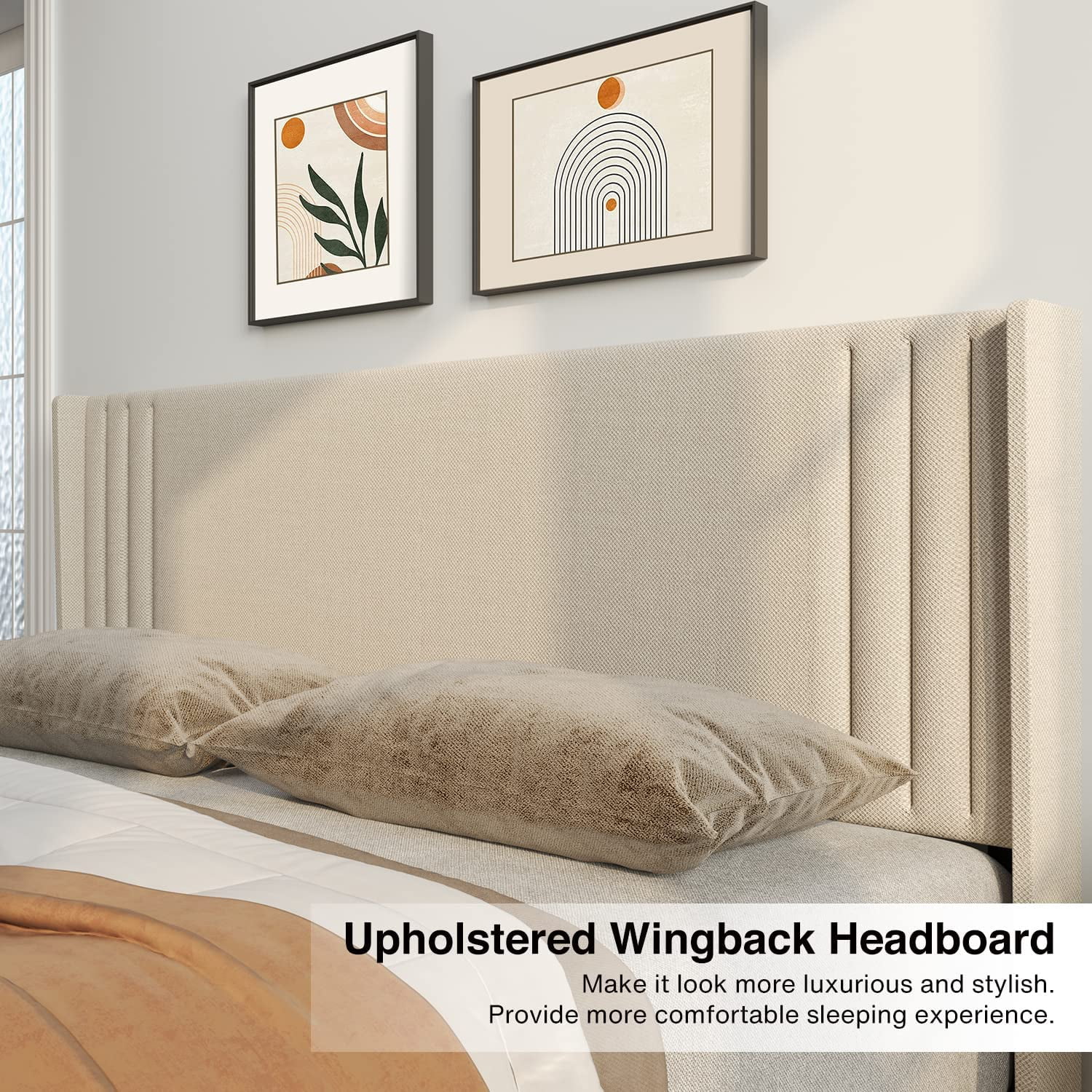 Full Platform Bed Frame with Wingback Headboard, Beige