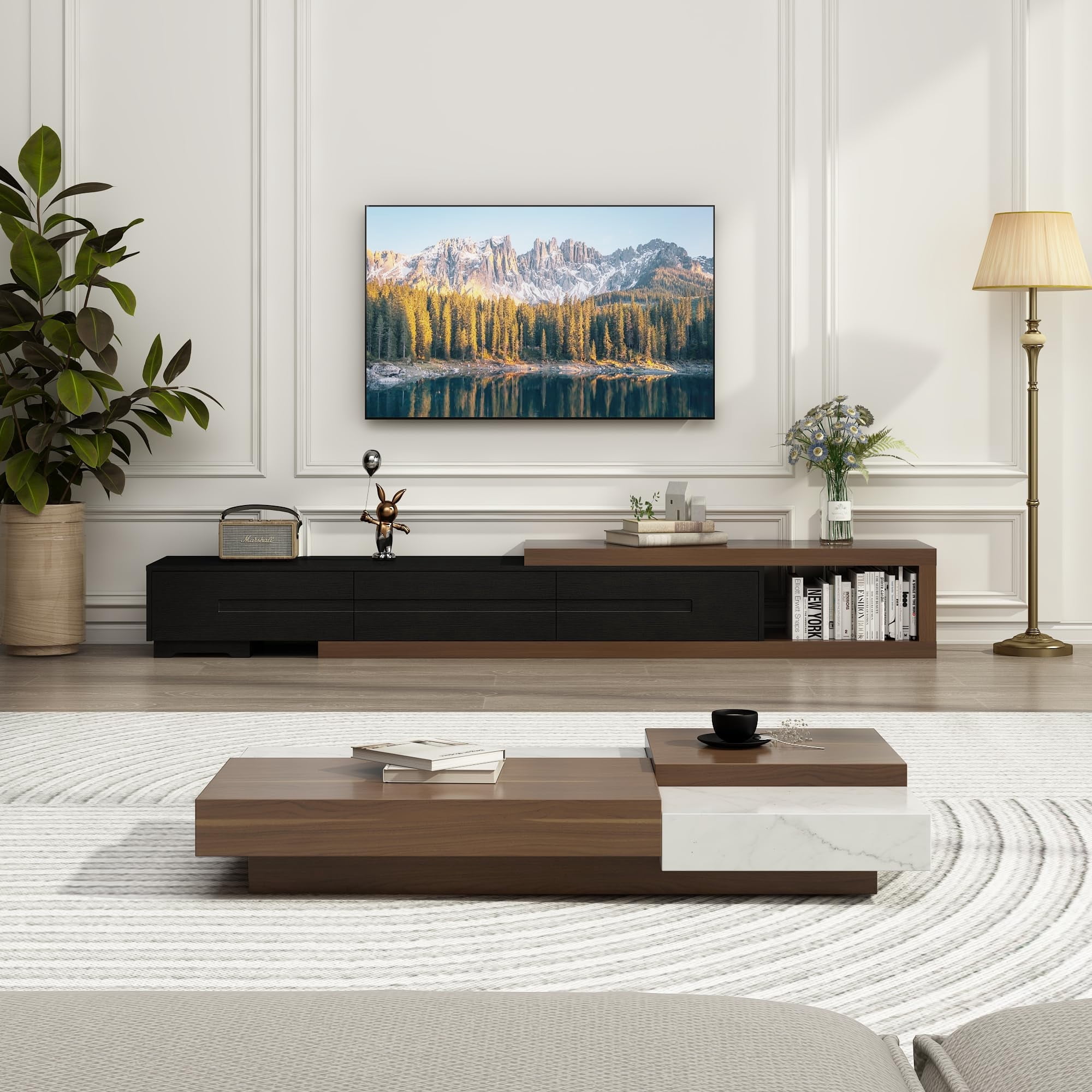ChVans Extendable TV Stand for 85/100/120 inch TV, 82"-110" Wood Reversible TV Media Console with 3 Drawers, Modern Entertainment Center for Living Room,Bedroom, Black-Walnut
