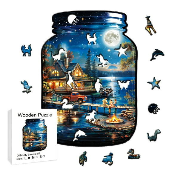 Wooden Jigsaw Puzzle, Mason Jar Night Scene with Cabin & Lake, 5A Difficulty L Size, Unique Animal Shaped Pieces, Ideal Gift for Adults & Family Game Night