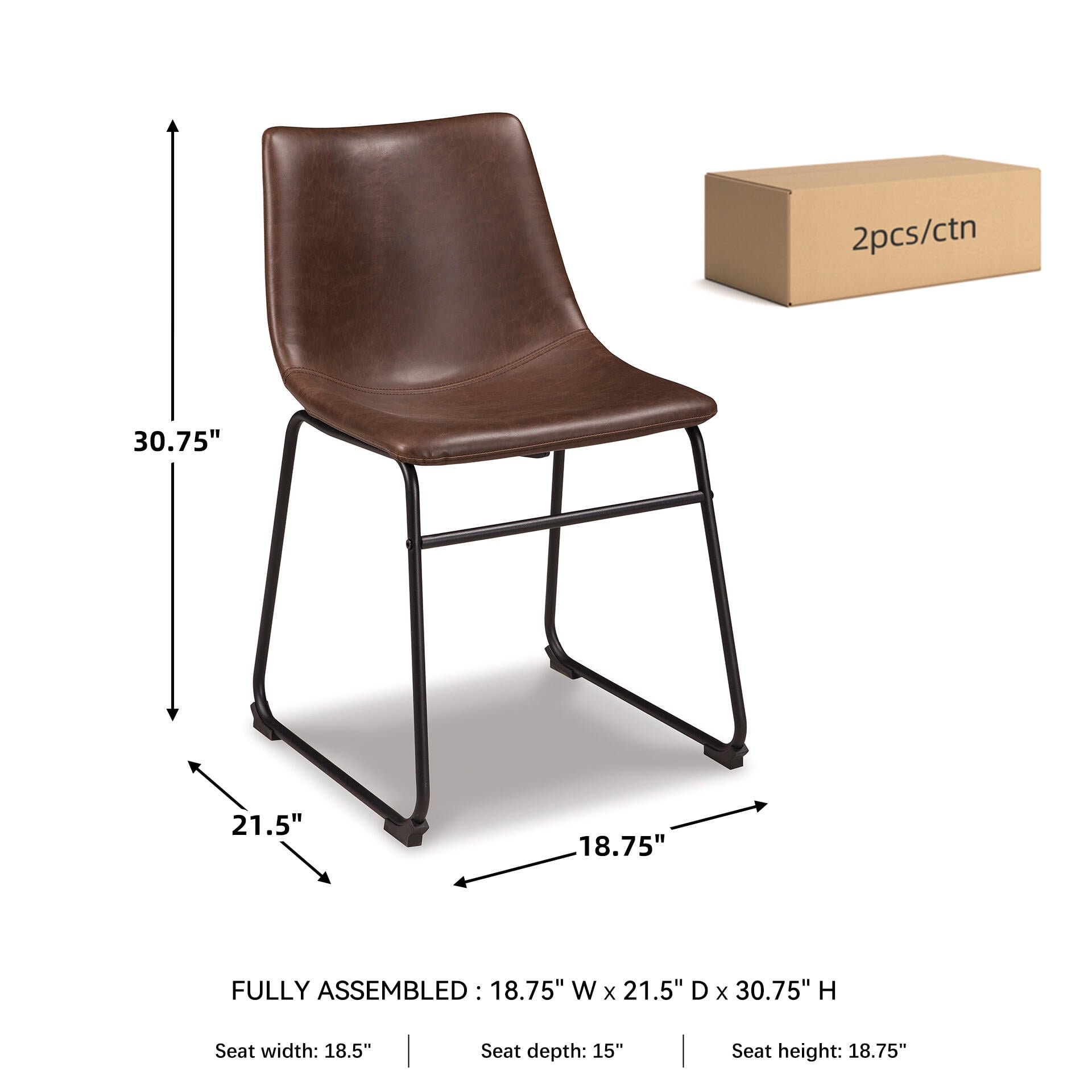 Signature Design by Ashley Centiar Mid-Century Dining Chairs Set of 2, Brown Faux Leather Bucket Seat Dining Chairs with Tubular Metal Base